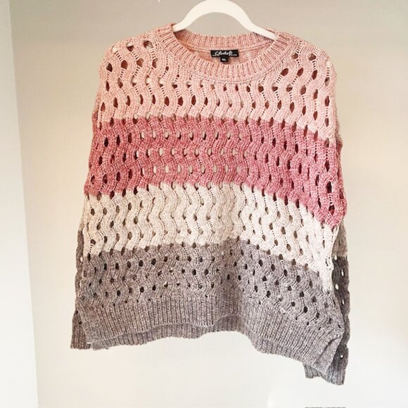 Charlie B Collection Open Weave Cropped Striped Sweater, Pink and Gray, Size L - Picture 3 of 6